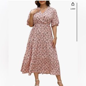 Floral Tiered Midi Dress with Pocket Short Sleeve V Neckline 16 plus